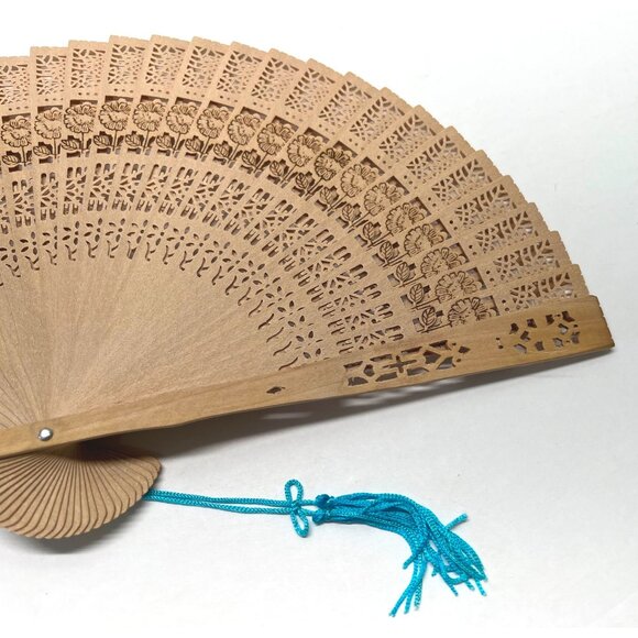 Vintage Handheld Wooden Folding Fan Die Cut Intricate Floral Design Blue Tassel - Picture 5 of 8
